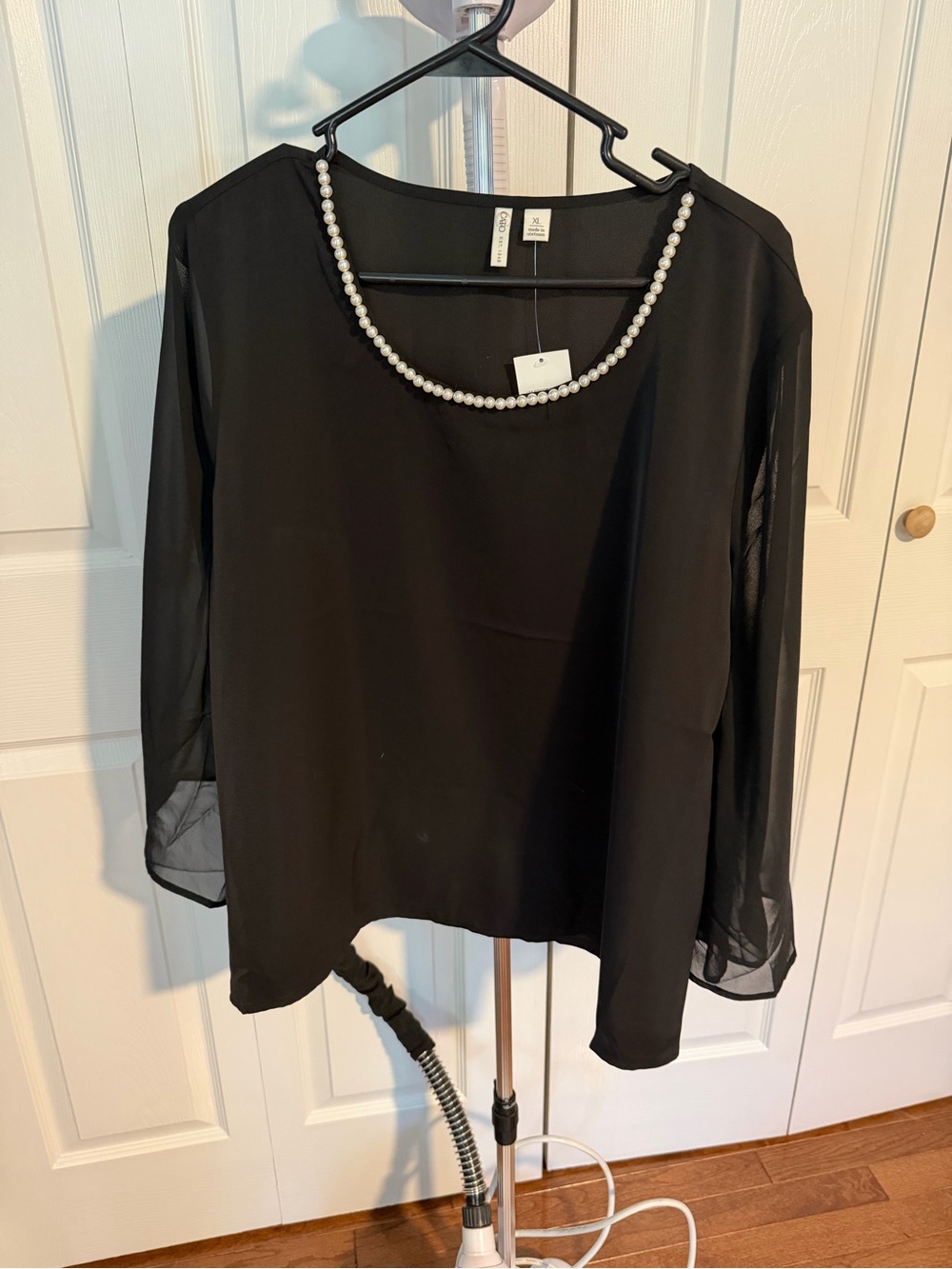 Black Pearl-Trim Sheer Sleeve Women’s Top